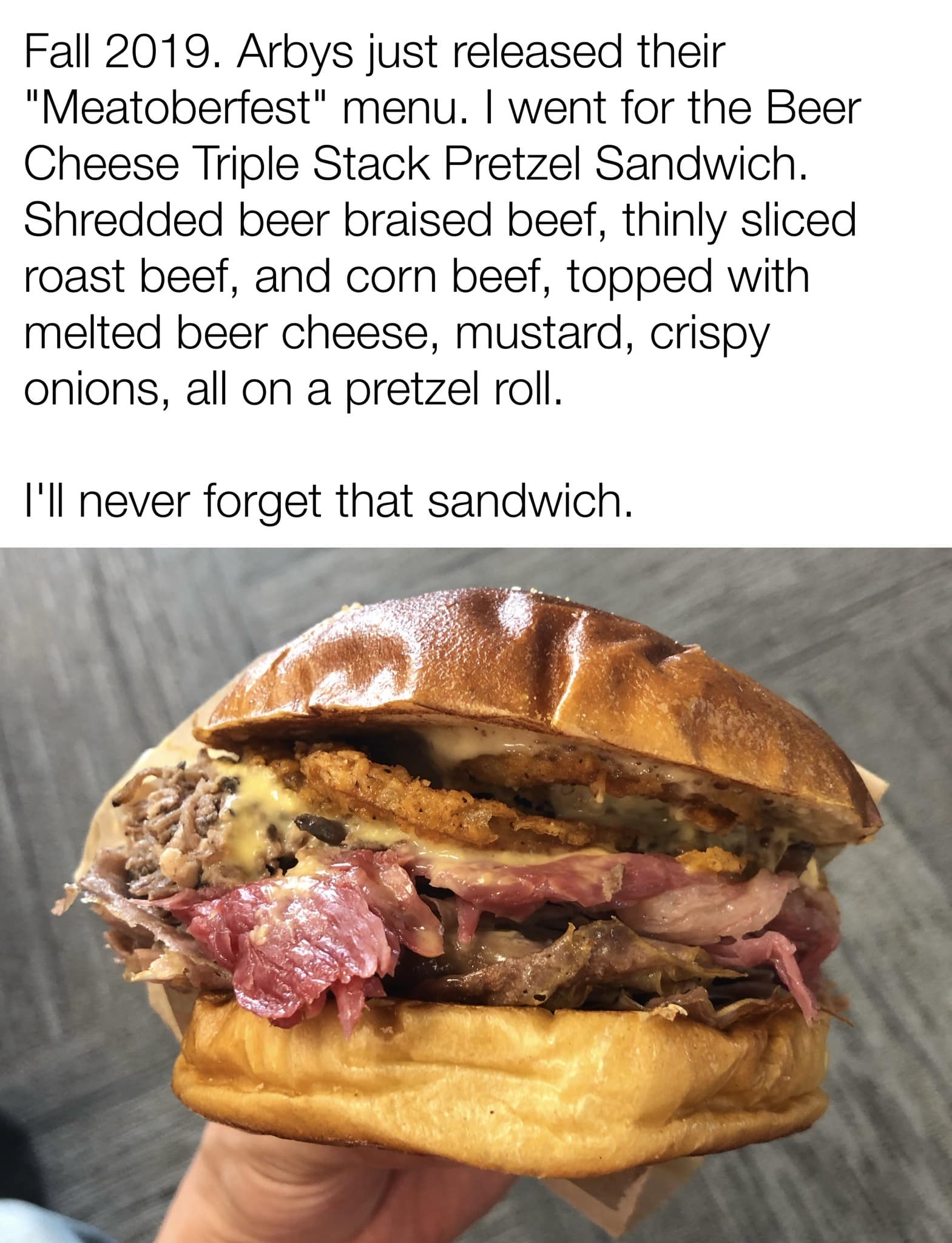 Fall 2019. Arbys just released their "Meatoberfest" menu. I went for the Beer Cheese Triple Stack Pretzel Sandwich. Shredded beer braised beef, thinly sliced roast beef, and corn beef, topped with melted beer cheese, mustard, crispy onions, all on a pretzel roll. I'll never forget that sandwich.