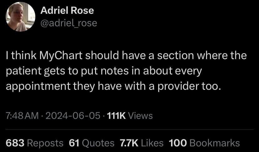 I think MyChart should have a section where the patient gets to put notes in about every appointment they have with a provider too.
