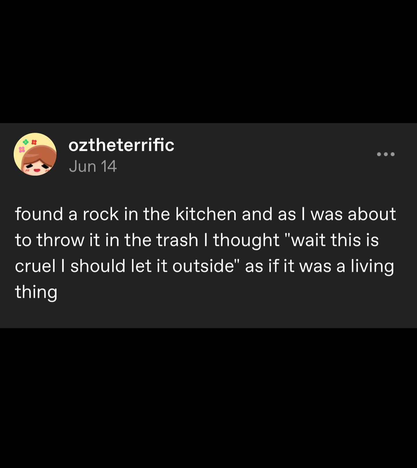 found a rock in the kitchen and as I was about to throw it in the trash I thought "wait this is cruel I should let it outside" as if it was a living thing