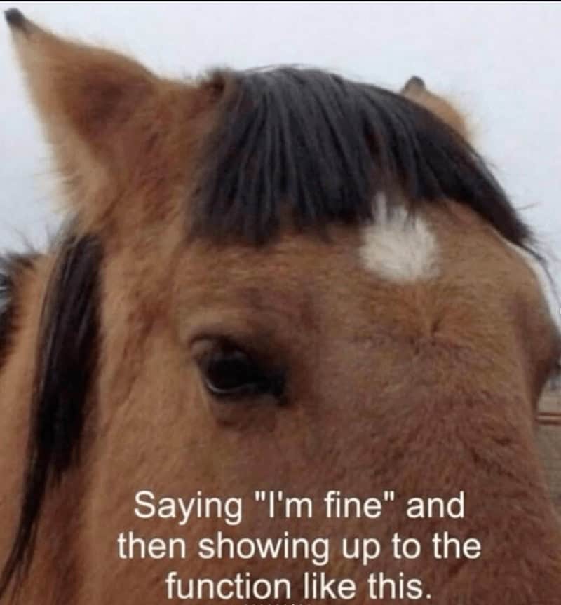 Saying "I'm fine" and then showing up to the function like this.