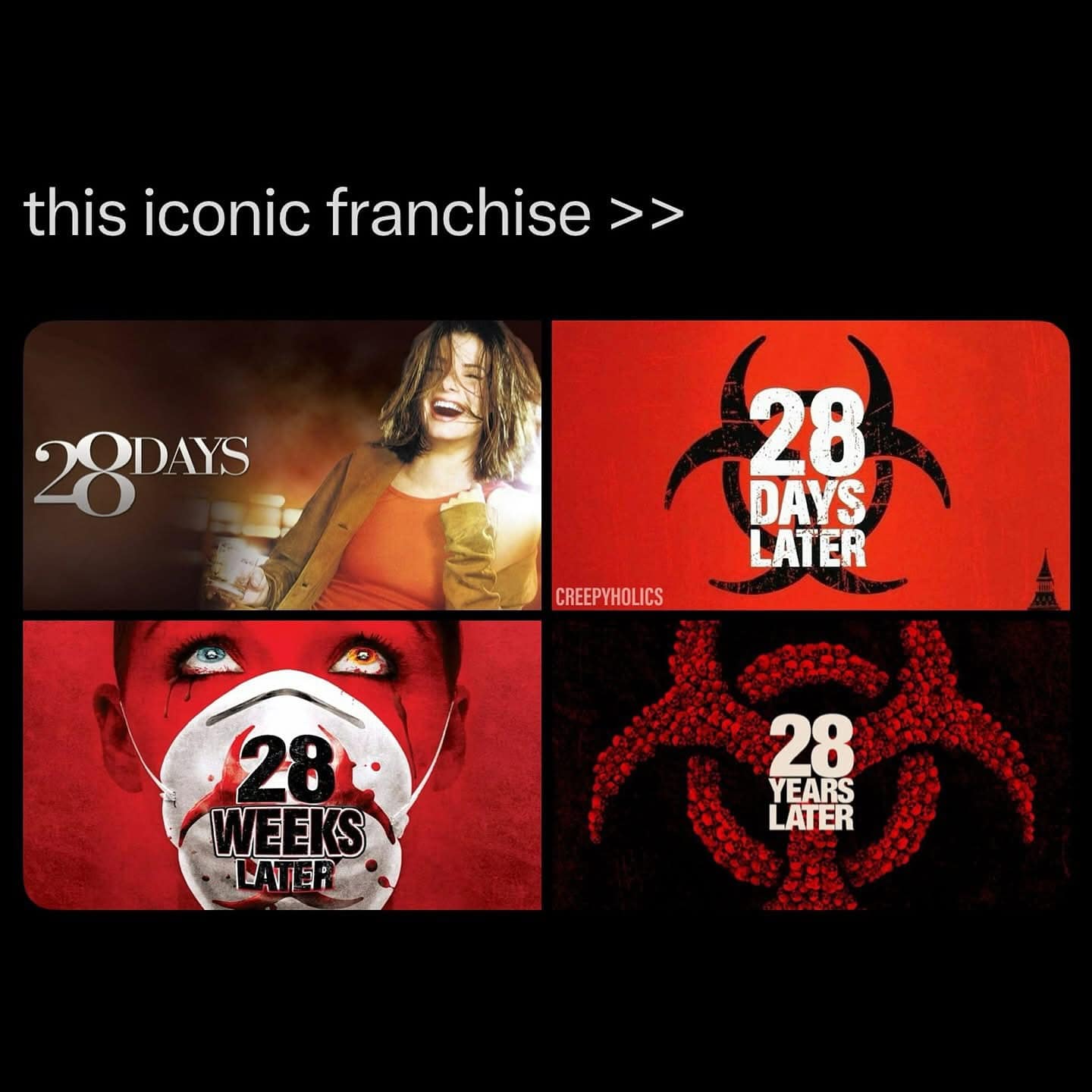 this iconic franchise >> 20DAYS 28 DAVS LATER CREEPYHOLICS 28 WEEKS LATER 28 YEARS LATER
