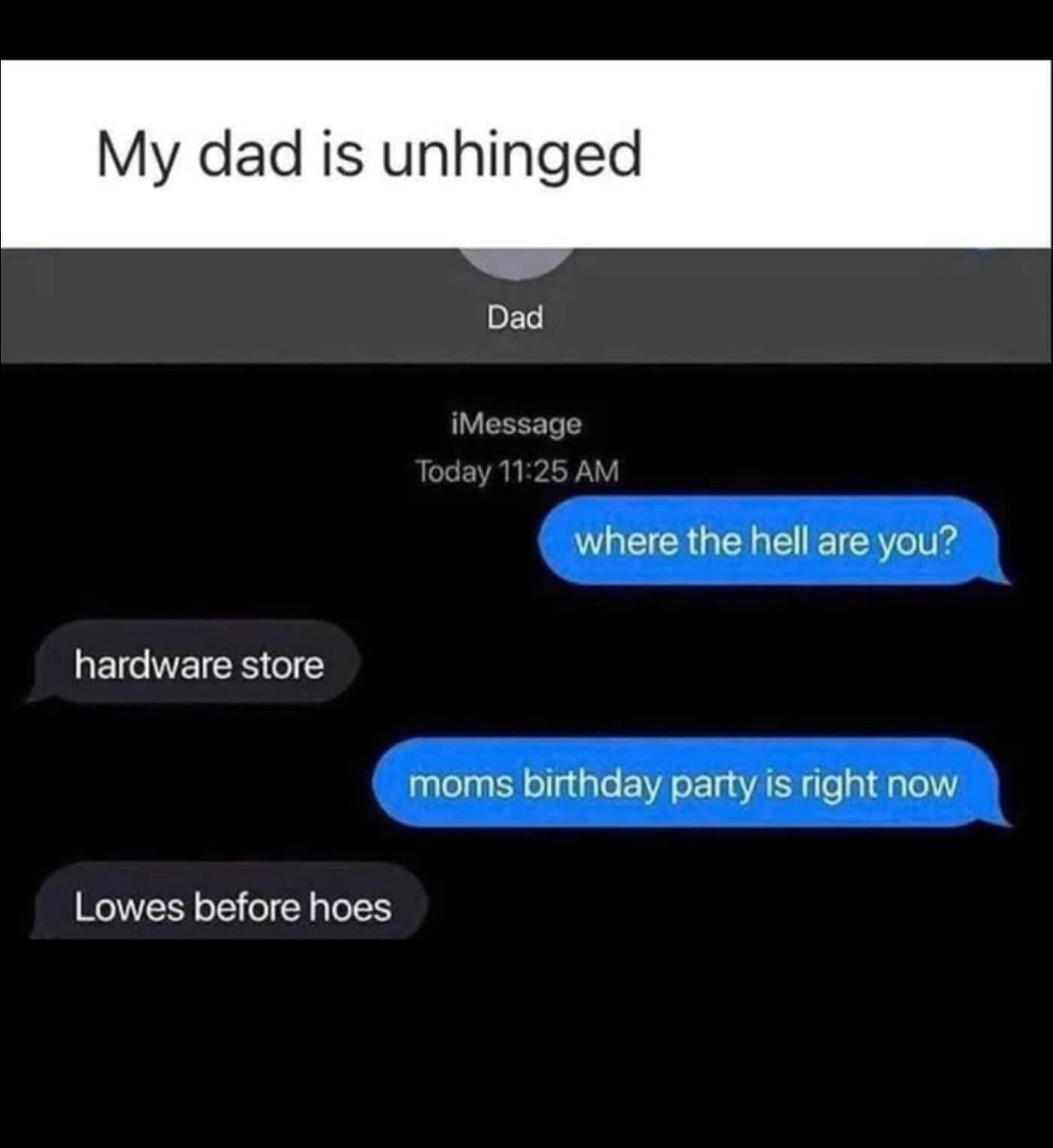 My dad is unhinged Dad iMessage Today 11:25 AM where the hell are you? hardware store moms birthday party is right now Lowes before hoes