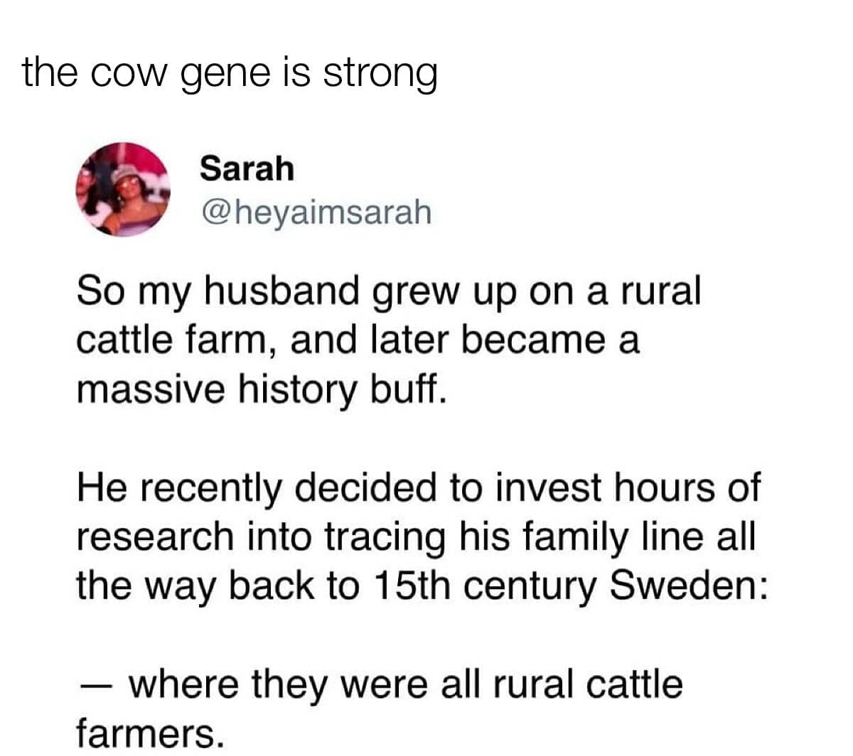 the cow gene is strong Sarah @heyaimsarah So my husband grew up on a rural cattle farm, and later became a massive history buff. He recently decided to invest hours of research into tracing his family line all the way back to 15th century Sweden: — where they were all rural cattle farmers.