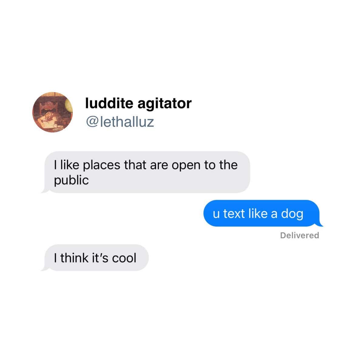 luddite agitator @lethalluz I like places that are open to the public u text like a dog Delivered I think it's cool