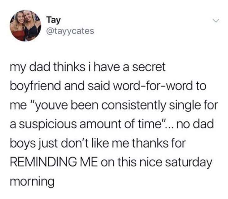 Tay @tayycates my dad thinks i have a secret boyfriend and said word-for-word to me "youve been consistently single for a suspicious amount of time"... no dad boys just don't like me thanks for REMINDING ME on this nice saturday morning