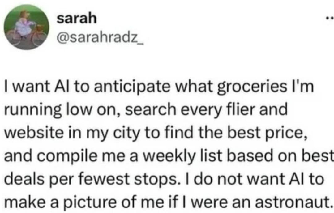 sarah @sarahradz_ .. I want Al to anticipate what groceries I'm running low on, search every flier and website in my city to find the best price, and compile me a weekly list based on best deals per fewest stops. I do not want Al to make a picture of me if I were an astronaut.