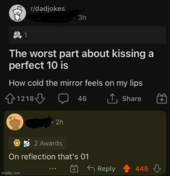 The worst part about kissing a perfect 10 is How cold the mirror feels on my lips