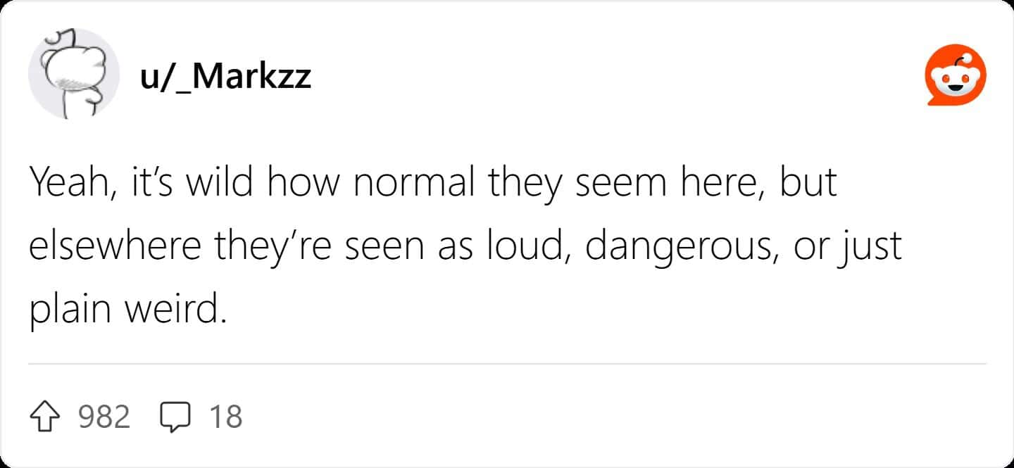 Yeah, it's wild how normal they seem here, but elsewhere they're seen as loud, dangerous, or just plain weird.