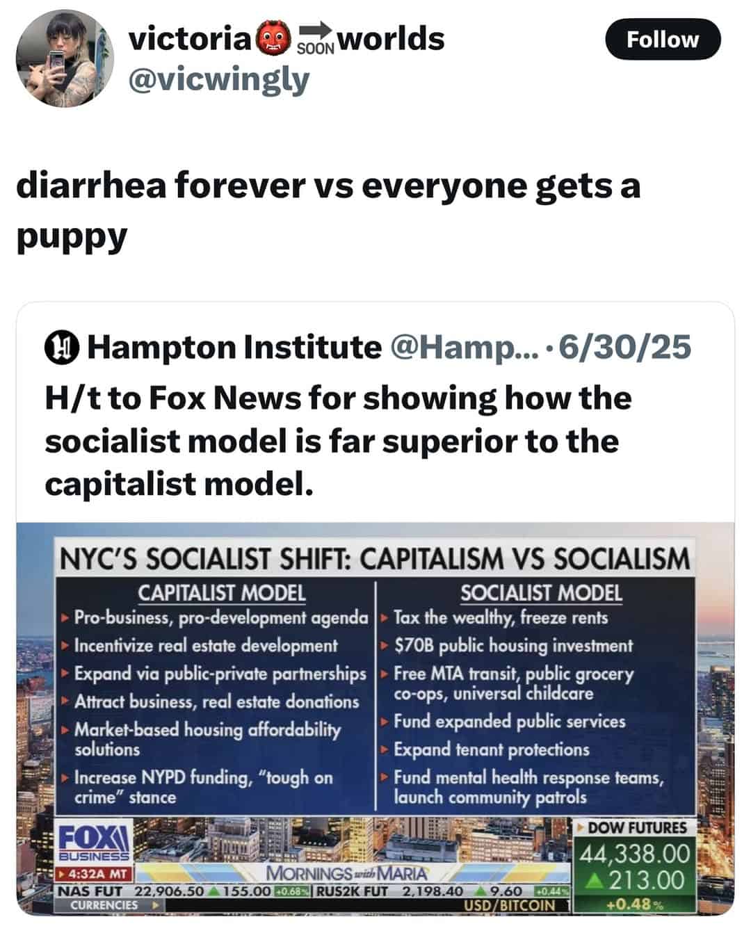 Meme contrasting socialist and capitalist city policies