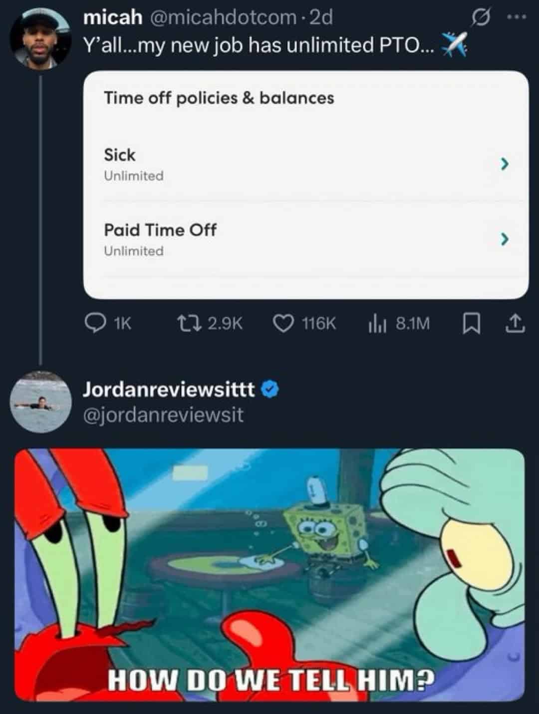 Meme about unlimited PTO policies being deceptive