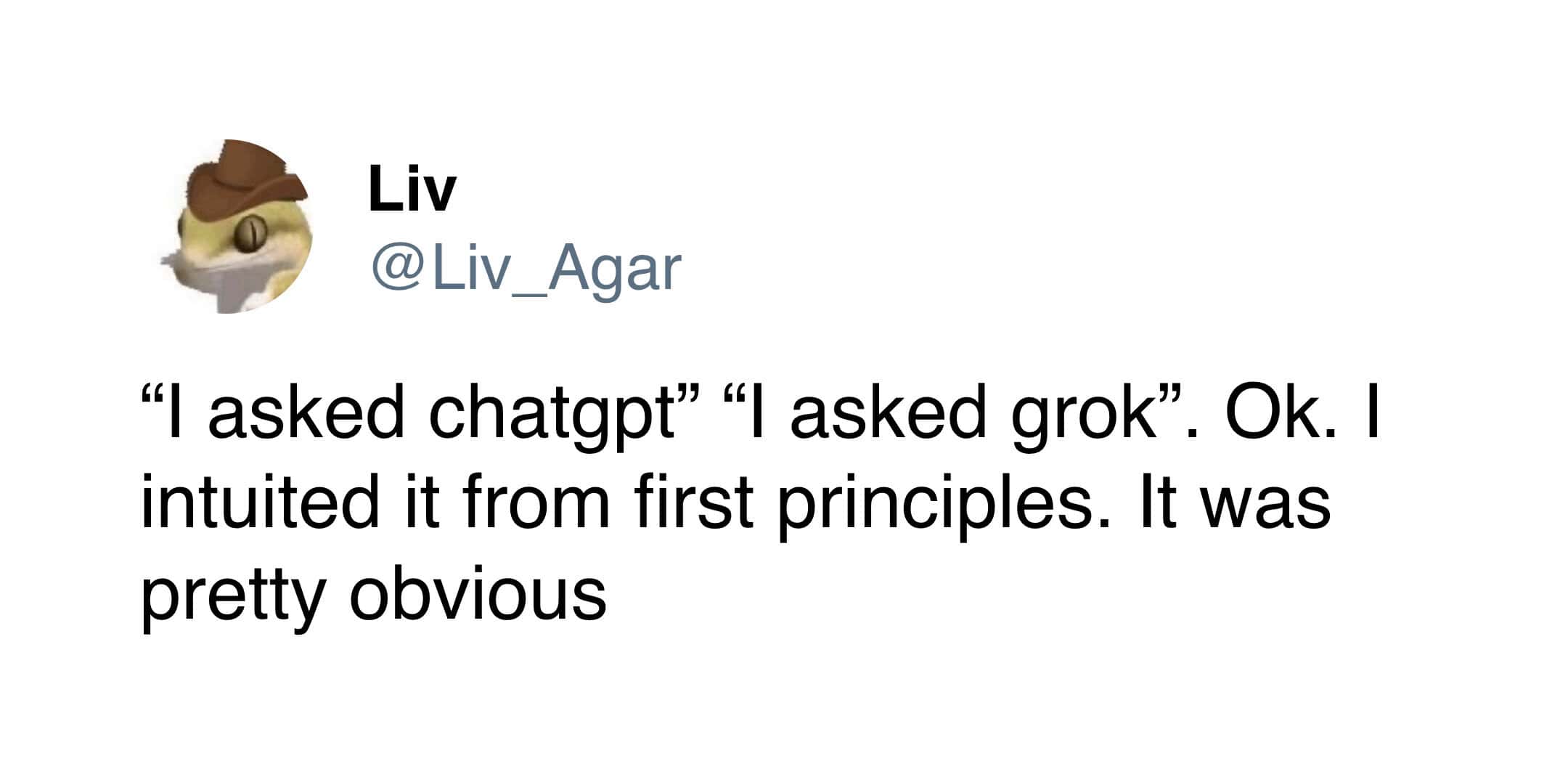 "I asked chatgpt" "I asked grok". Ok. I intuited it from first principles. It was pretty obvious