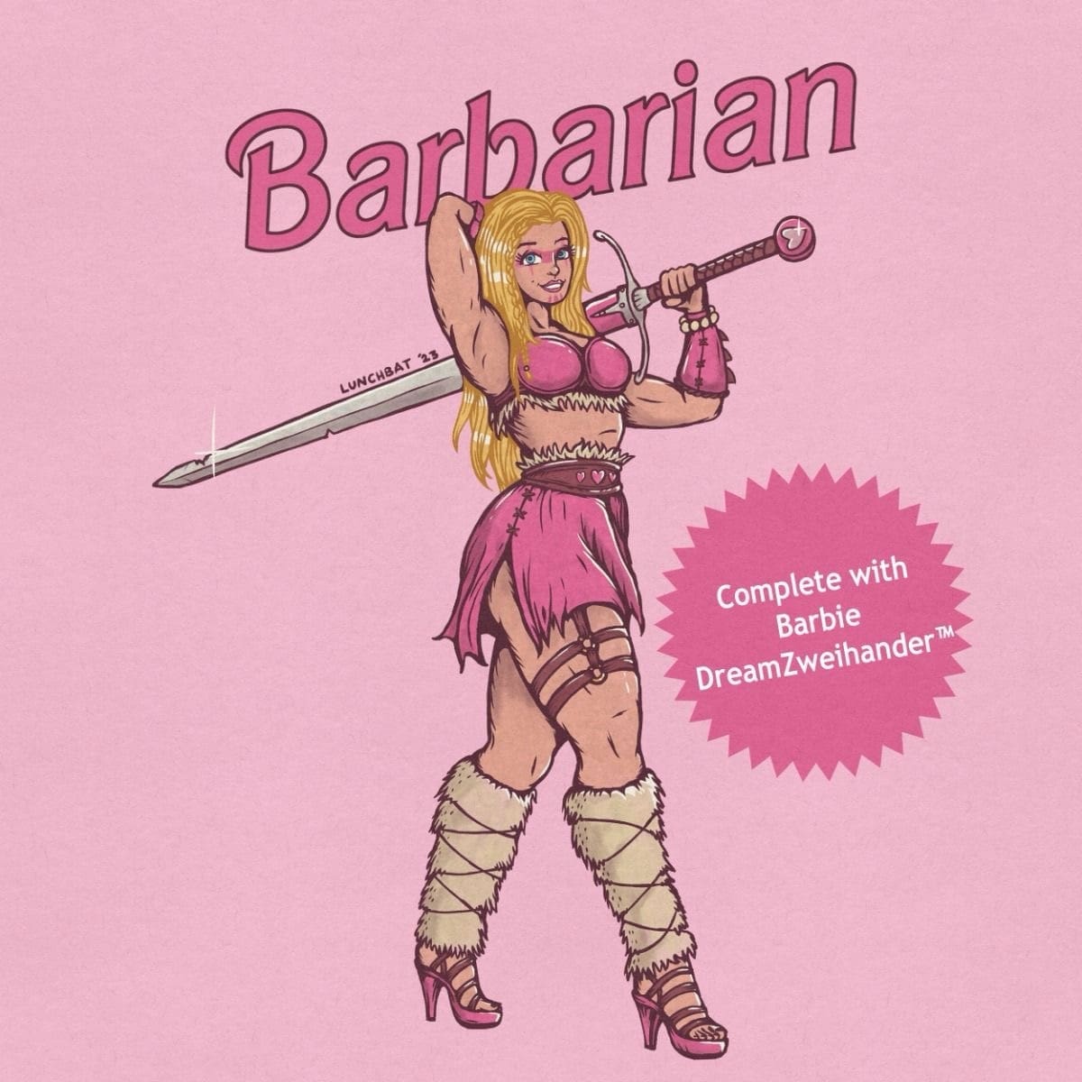 Barbarian Barbie holding a giant sword in fantasy armor