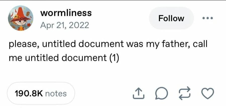 wormliness Apr 21, 2022 Follow please, untitled document was my father, call me untitled document (1) 190.8K notes 1. 1)