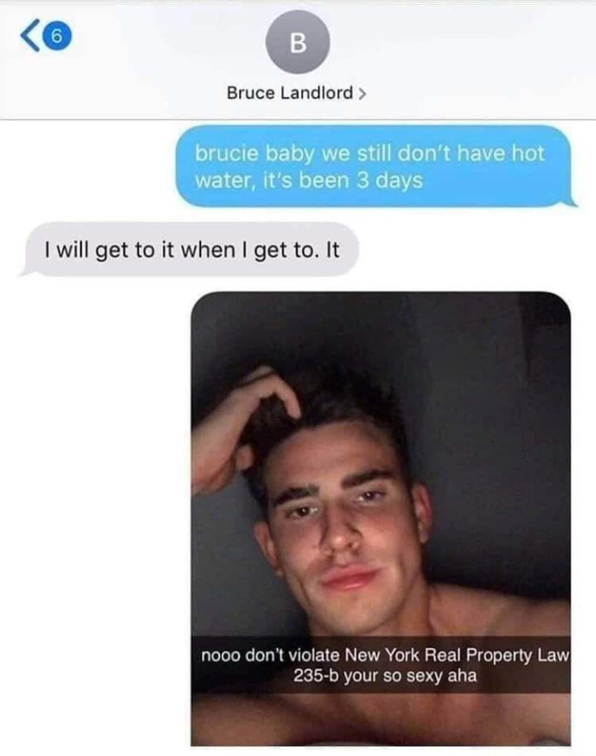 B Bruce Landlord > brucie baby we still don't have hot water, it's been 3 days I will get to it when I get to. It nooo don't violate New York Real Property Law 235-b your so sexy aha