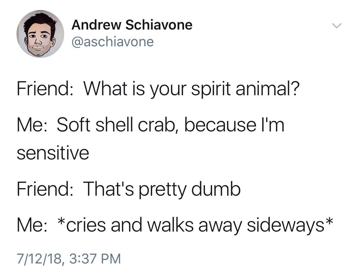 Andrew Schiavone @aschiavone Friend: What is your spirit animal? Me: Soft shell crab, because I'm sensitive Friend: That's pretty dumb Me: *cries and walks away sideways* 7/12/18, 3:37 PM
