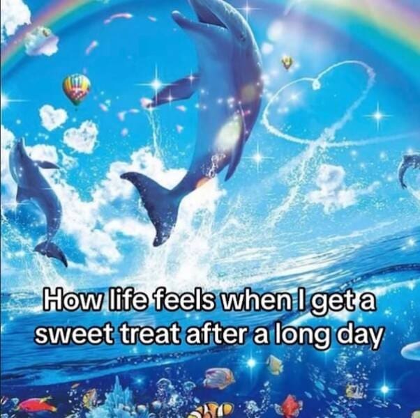 Vibrant fantasy dolphins jump through sparkly water with rainbows and hot air balloons