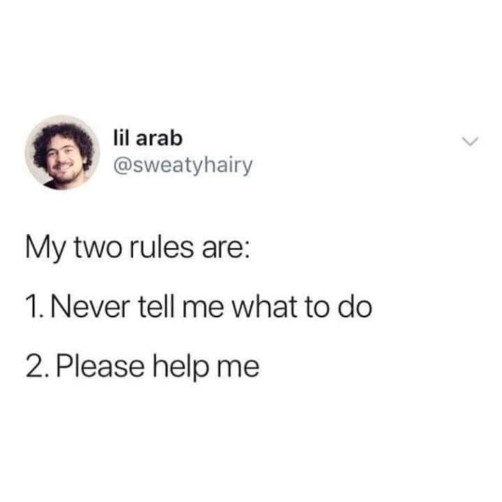 lil arab @sweatyhairy My two rules are: 1. Never tell me what to do 2. Please help me