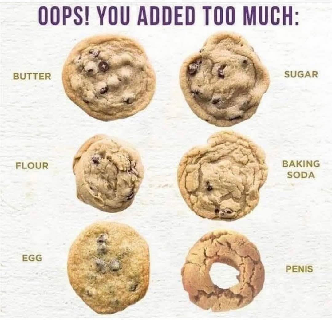 Comparison of cookies with too much butter, sugar, flour, egg, and baking soda, p*nis