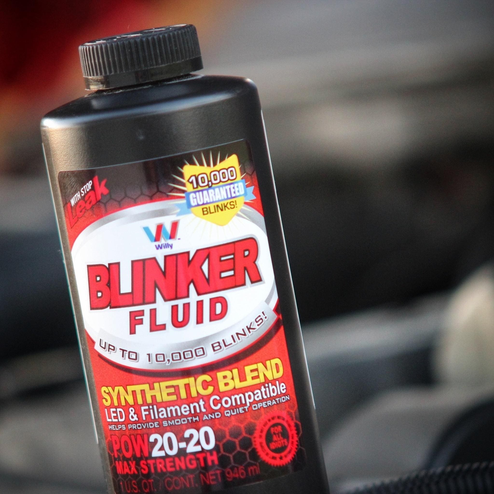 Fake bottle of blinker fluid claiming to improve vehicle blink performance
