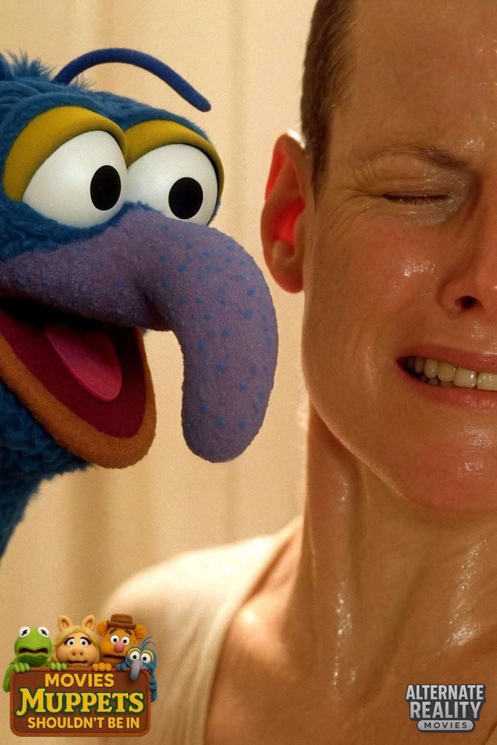 Gonzo from the Muppets photoshopped into intense movie scene with woman