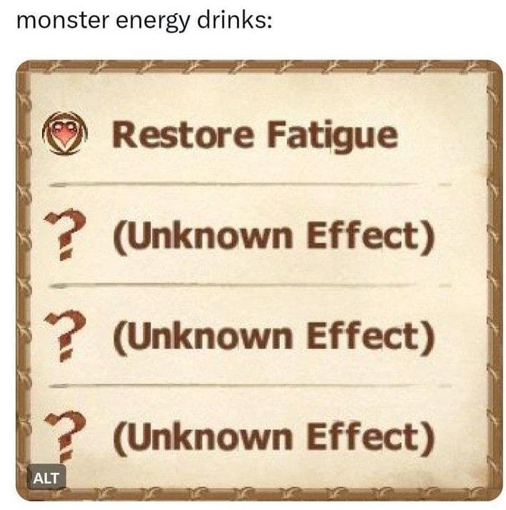 RPG-style menu shows Monster energy drink effects with mostly unknown results