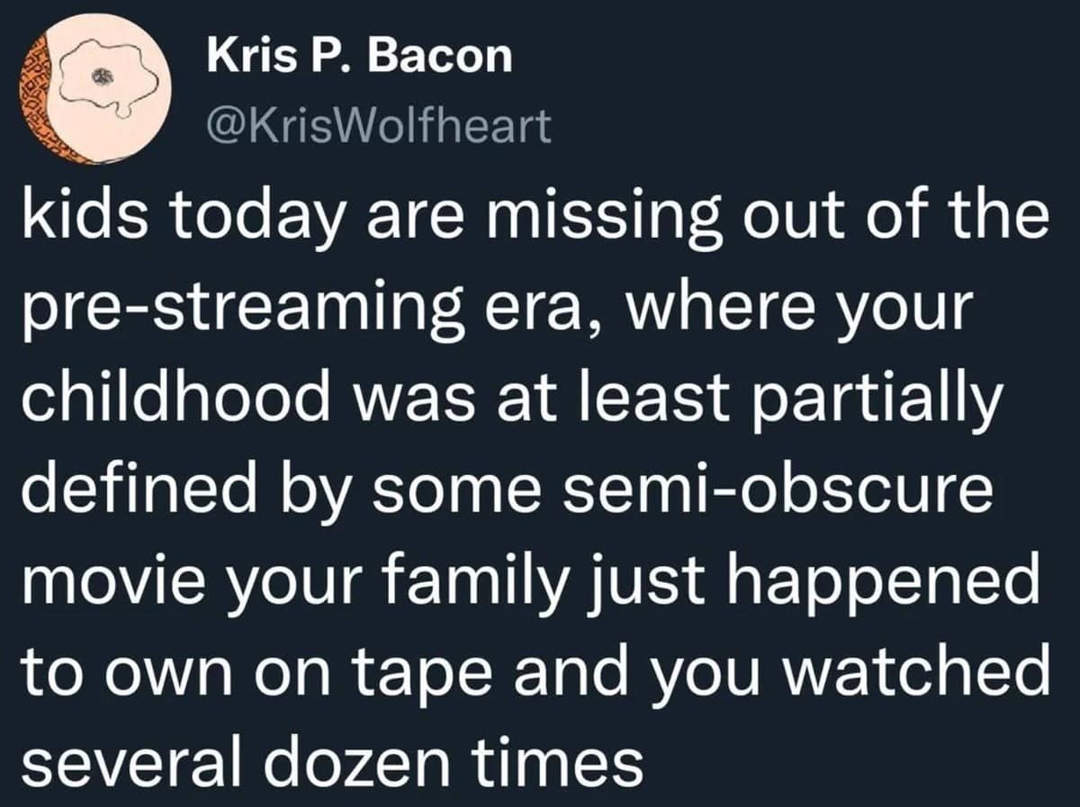 Kris P. Bacon @KrisWolfheart kids today are missing out of the pre-streaming era, where your childhood was at least partially defined by some semi-obscure movie your family just happened to own on tape and you watched several dozen times