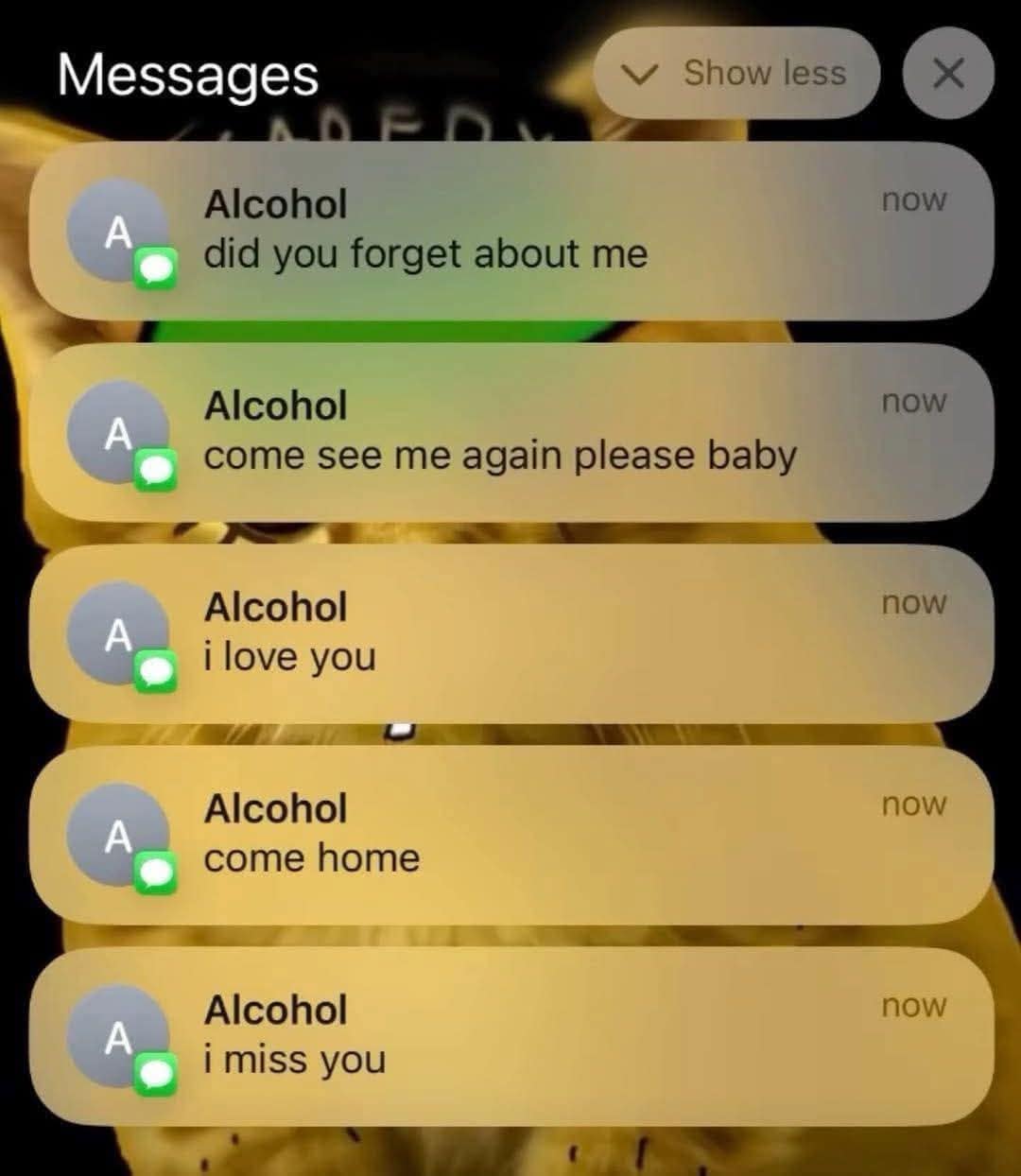 Messages Show less A Alcohol did you forget about me nOw A Alcohol come see me again please baby now A Alcohol i love you nOw A Alcohol come home now A Alcohol i miss you now