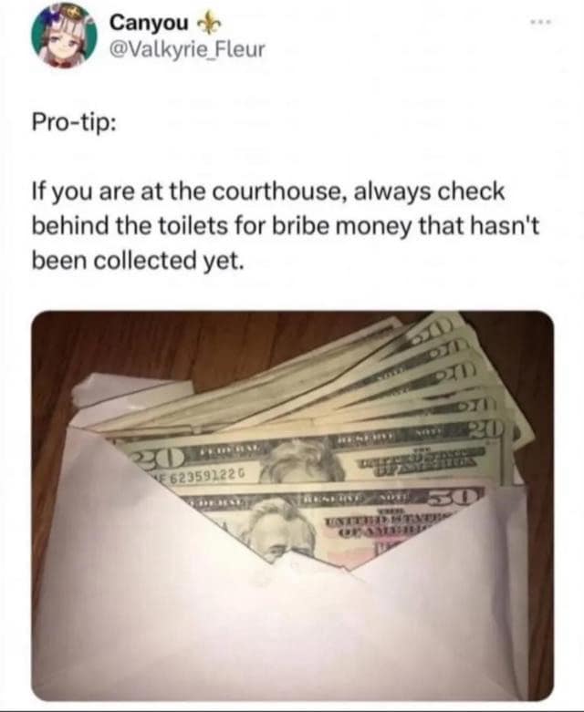Canyou @Valkyrie Fleur Pro-tip: If you are at the courthouse, always check behind the toilets for bribe money that hasn't been collected yet. emil DIT oil) OTI NE623591226