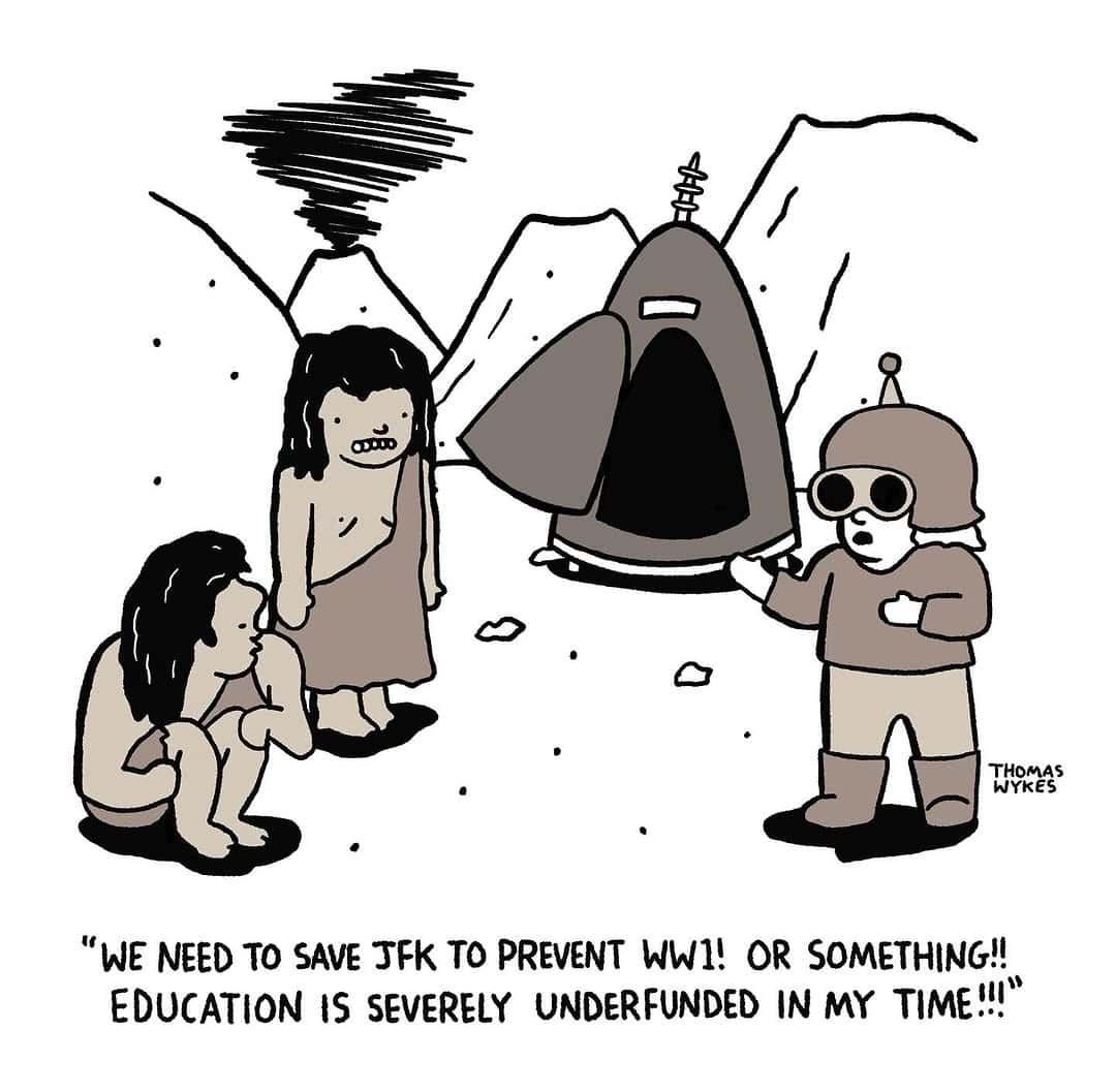 Time traveler gives confused cavemen a history lecture