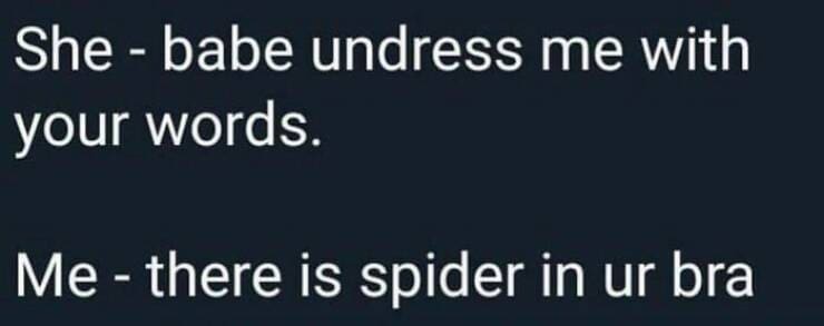 She - babe undress me with your words. Me - there is spider in ur bra