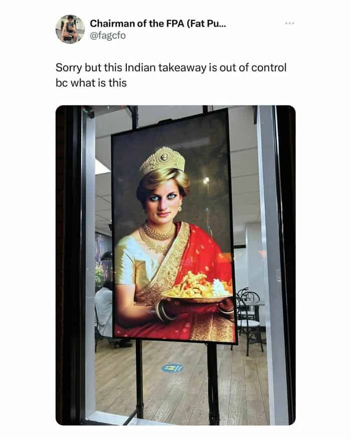 Portrait of Princess Diana photoshopped in an Indian restaurant ad.