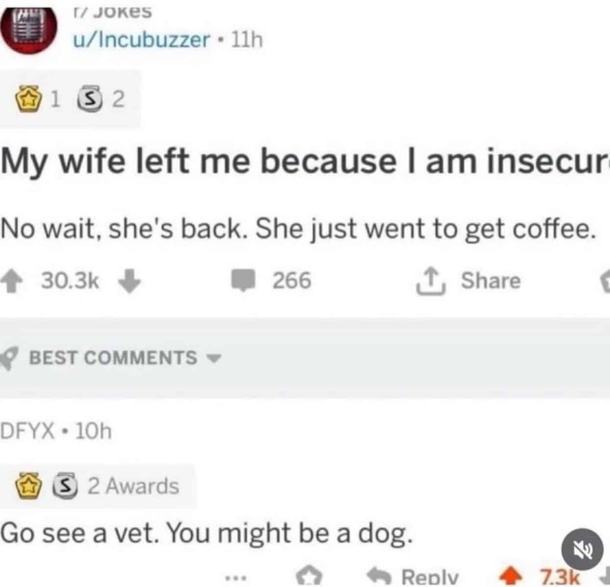 My wife left me because I am insecur No wait, she's back. She just went to get coffee.