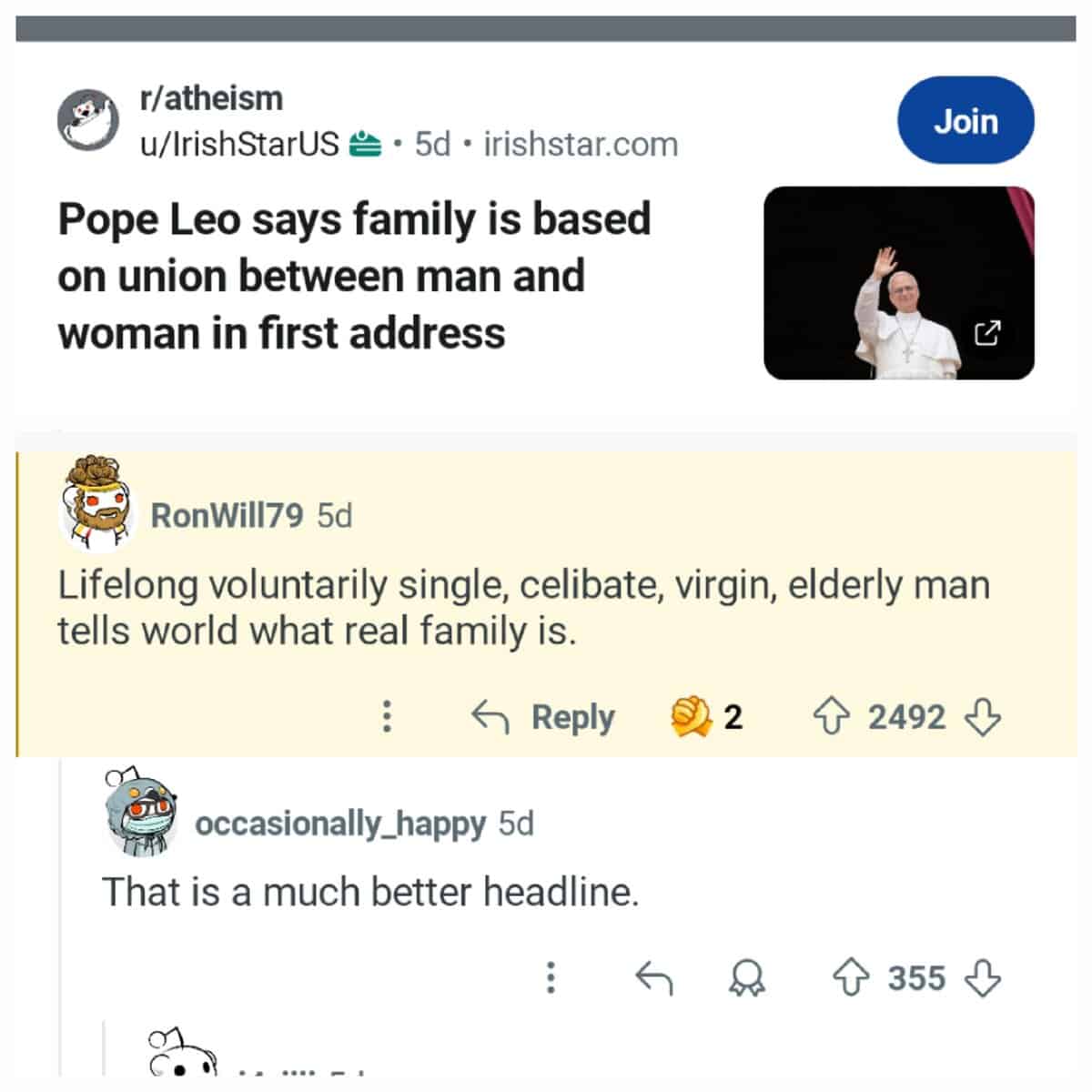 Pope Leo says family is based on union between man and woman in first address