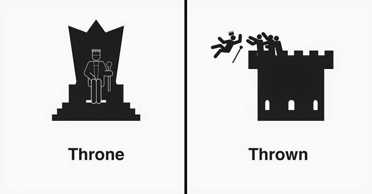 Visual pun comparing “throne” vs. “thrown” with a king on a seat and then flying off a castle
