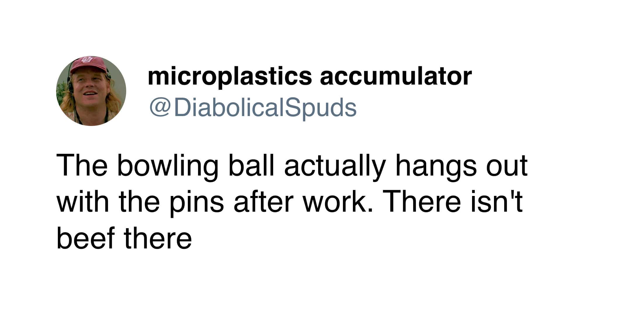 Funny tweet about bowling ball and pins being friends