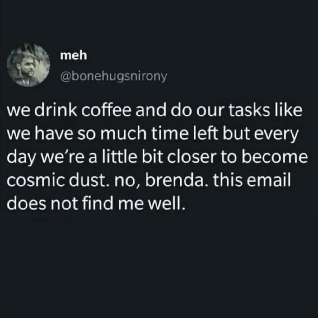 we drink coffee and do our tasks like we have so much time left but every day we're a little bit closer to become cosmic dust. no, brenda. this email does not find me well.