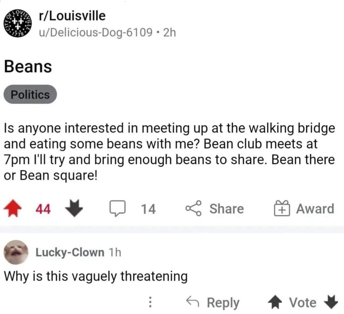 Reddit post about bean club meet-up with threatening-sounding tone
