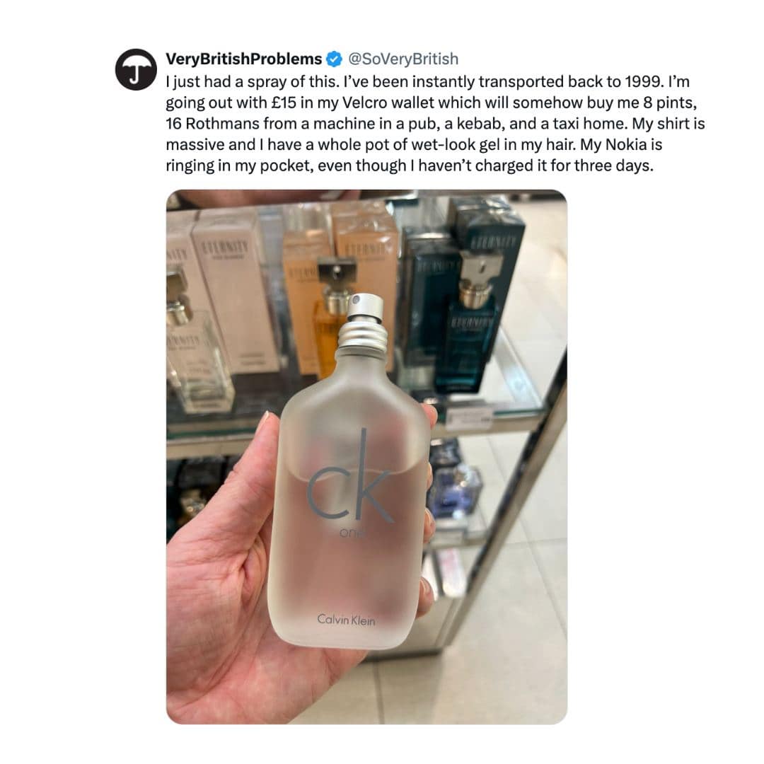 just had a spray of this. I've been instantly transported back to 1999. I'm going out with £15 in my Velcro wallet which will somehow buy me 8 pints, 16 Rothmans from a machine in a pub, a kebab, and a taxi home. My shirt is massive and I have a whole pot of wet-look gel in my hair. My Nokia is ringing in my pocket, even though I haven't charged it for three days.