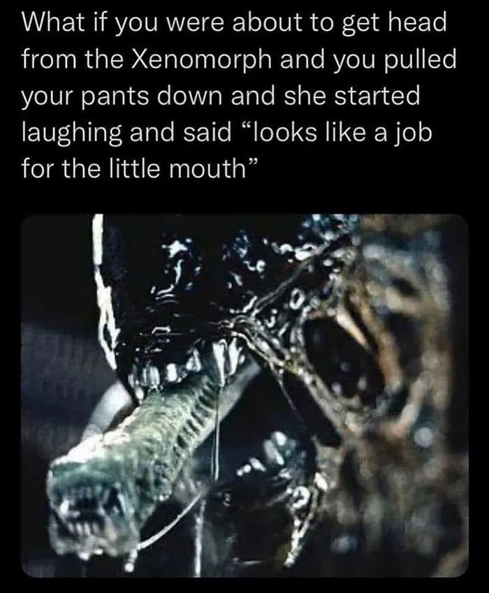 What if you were about to get from the Xenomorph and you pulled your pants down and she started laughing and said "looks like a job for the little mouth"