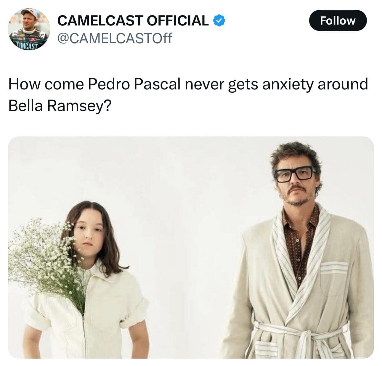 Pedro Pascal and Bella Ramsey posed in matching neutral outfits