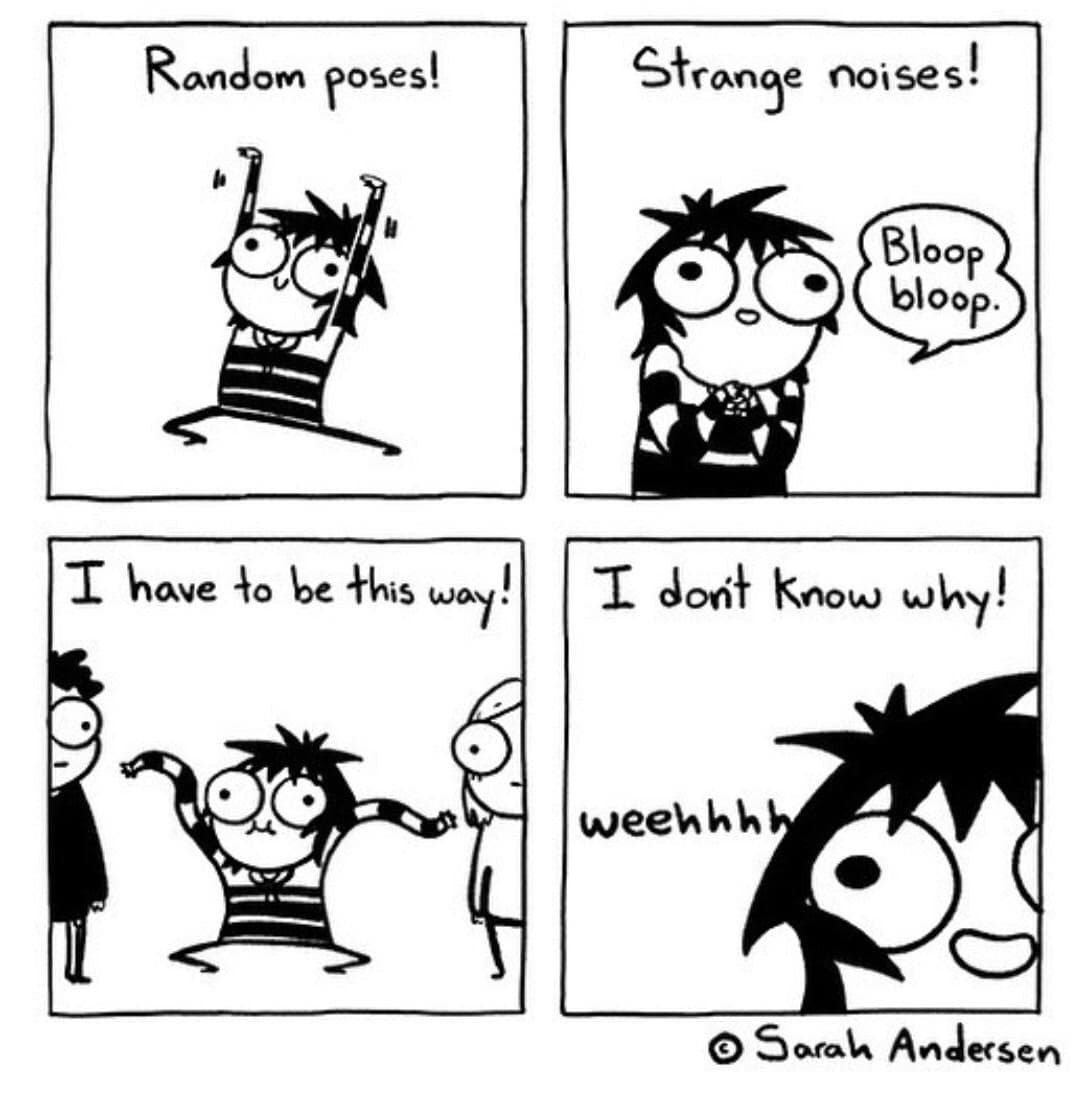 Comic strip of a quirky character making random poses and noises.