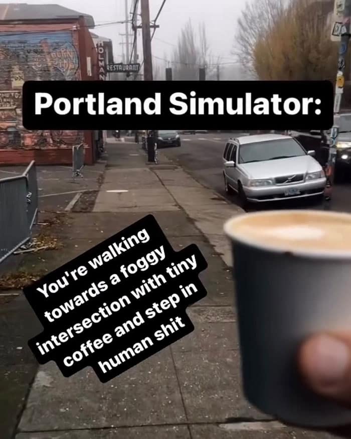 Portland Simulator: You're walking towards a foggy intersection with tiny coffee and step in human