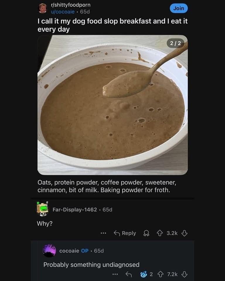 I call it my dog food slop breakfast and I eat it every day