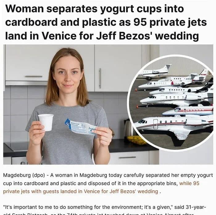 Woman separates yogurt cups into cardboard and plastic as 95 private jets land in Venice for Jeff Bezos' wedding