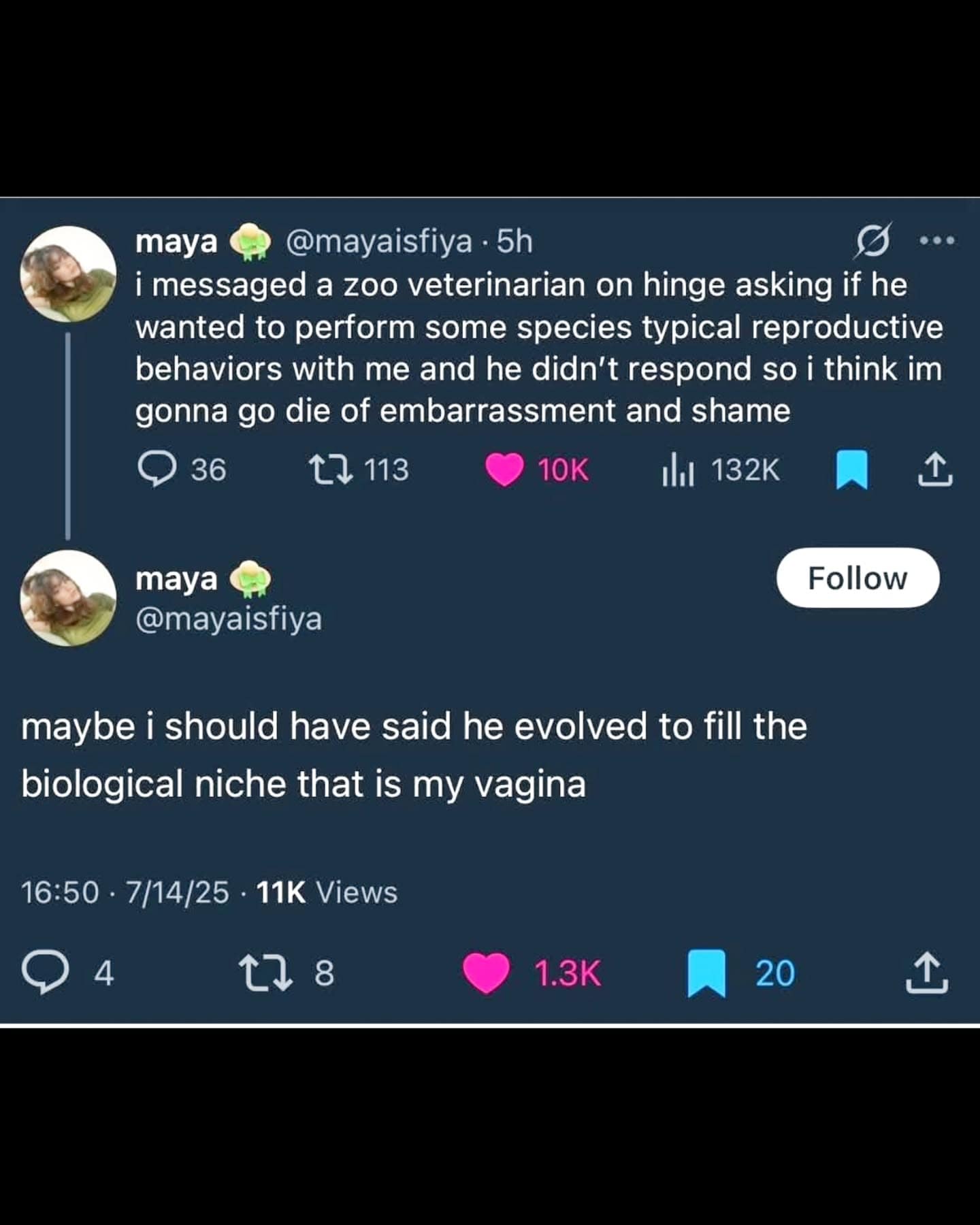 Funny tweet about awkward dating message to a zoo vet.