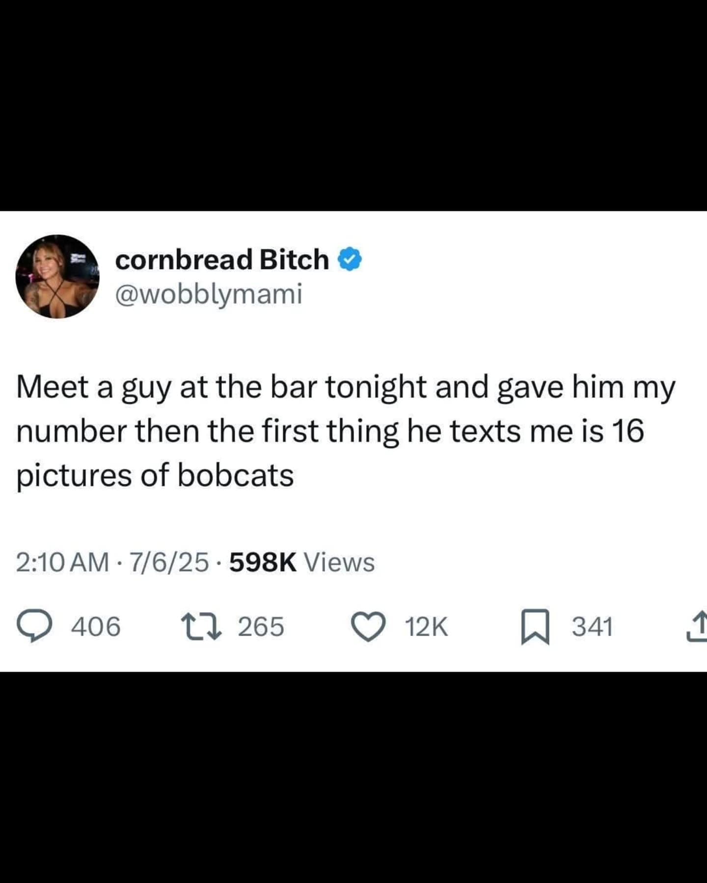 Tweet about a guy texting 16 bobcat photos after getting a number.