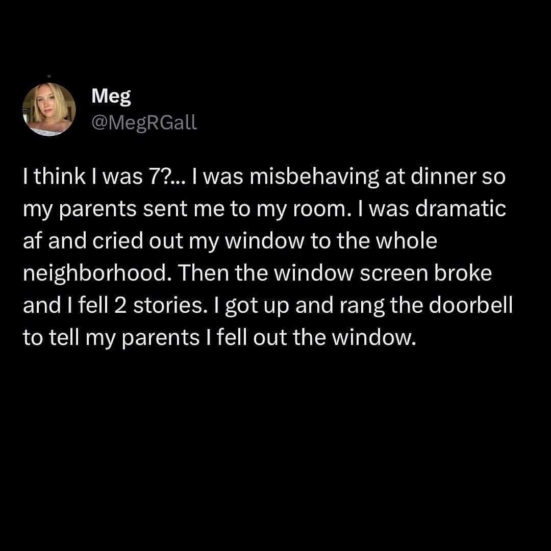 Tweet recounting a dramatic childhood moment of falling out of a window