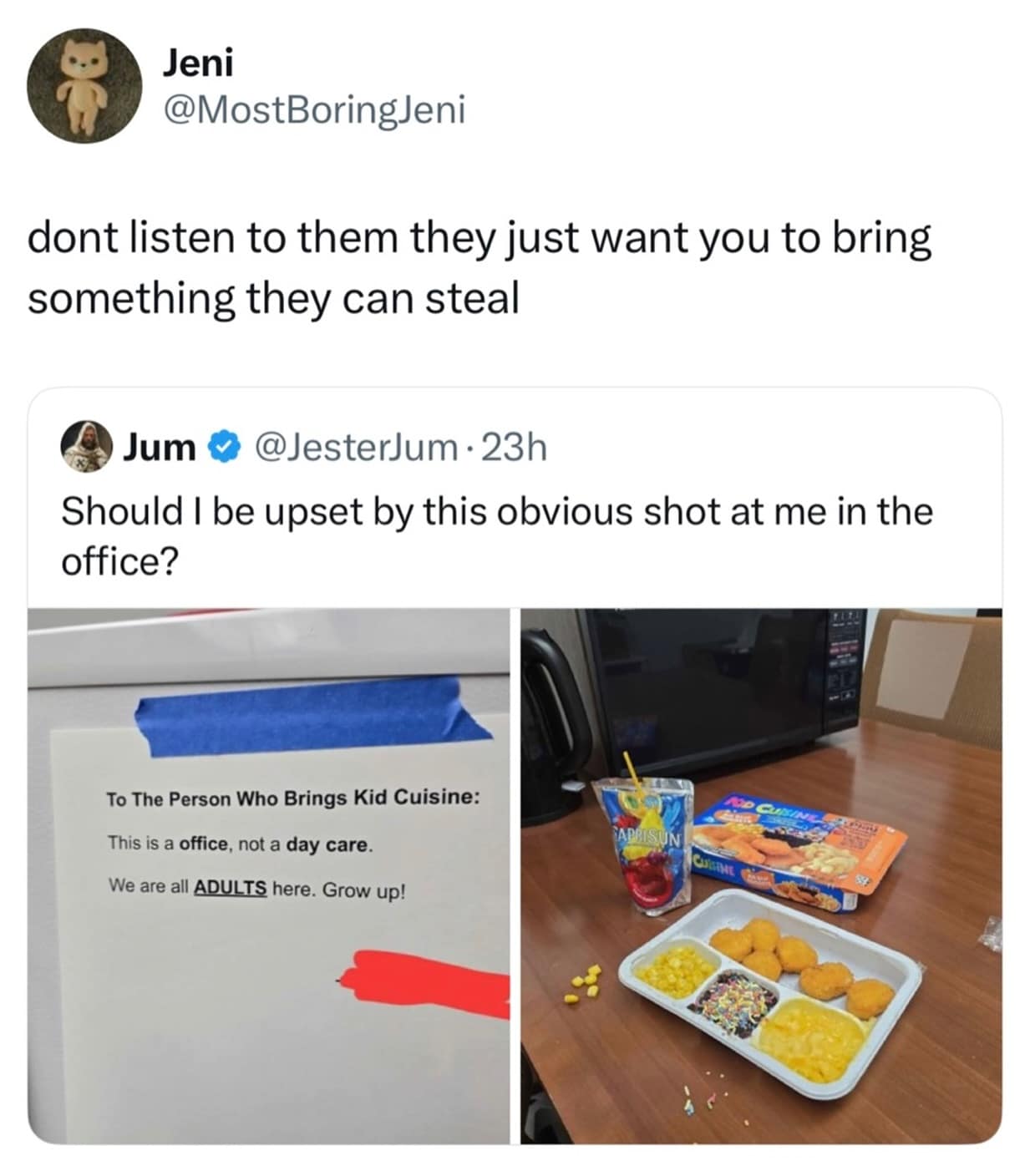 Tweet about Kid Cuisine lunch in an office setting.