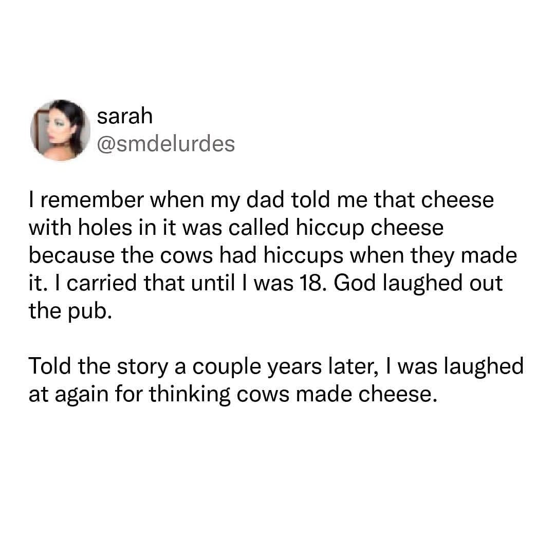 Tweet about believing cows made cheese with holes by hiccuping