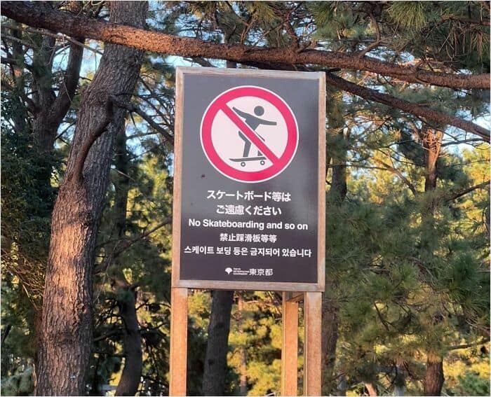 Skateboarding prohibition sign with vague translation